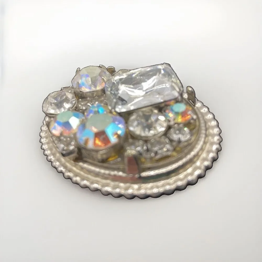Vintage Rhinestone Silver Tone 80s Bolo Tie Clip Multi Stone Western Glam